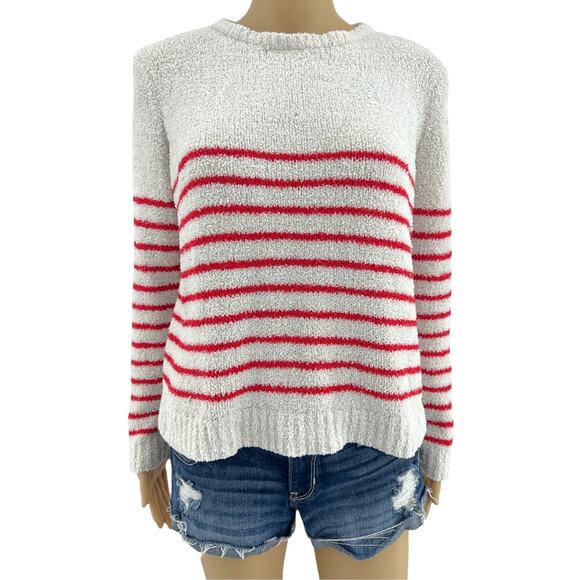 Lilly McKay Sweaters - Lilly McKay Collection SMALL Ivory Cream and Red Striped Boucle Knit Sweater